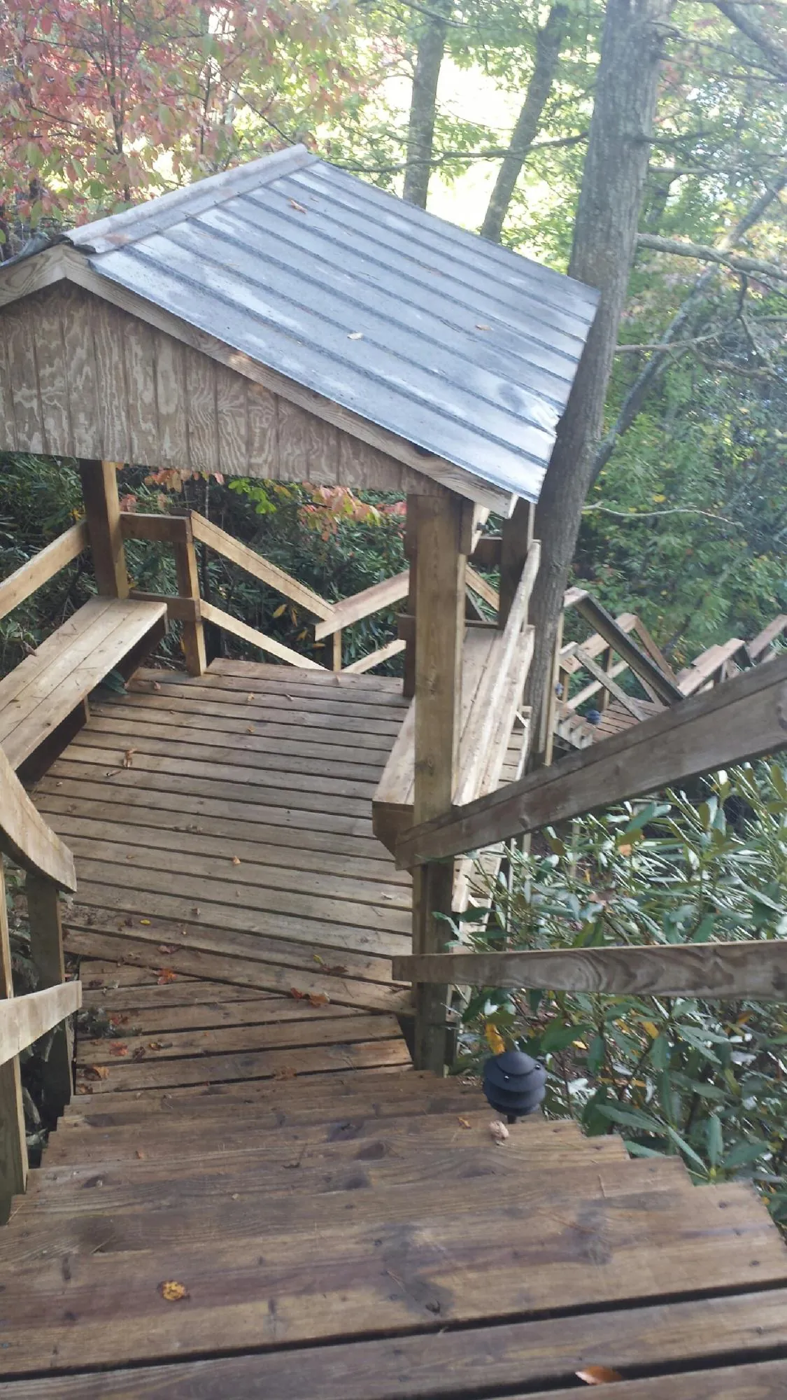 Metal roofed shelter over wooden steps on a wooded walkway — Skylight Repair & Installation work by our crew in Scottdale